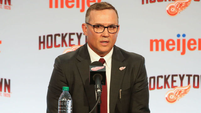 DETROIT, MI - APRIL 19: Steve Yzerman addresses members of the media during a press conference to introduce Steve Yzerman as the new Executive Vice President and General Manager responsible for all hockey operations and announce the promotion of Ken Holland to Senior Vice President on April 19, 2019, at Little Caesars Arena in Detroit, Michigan.