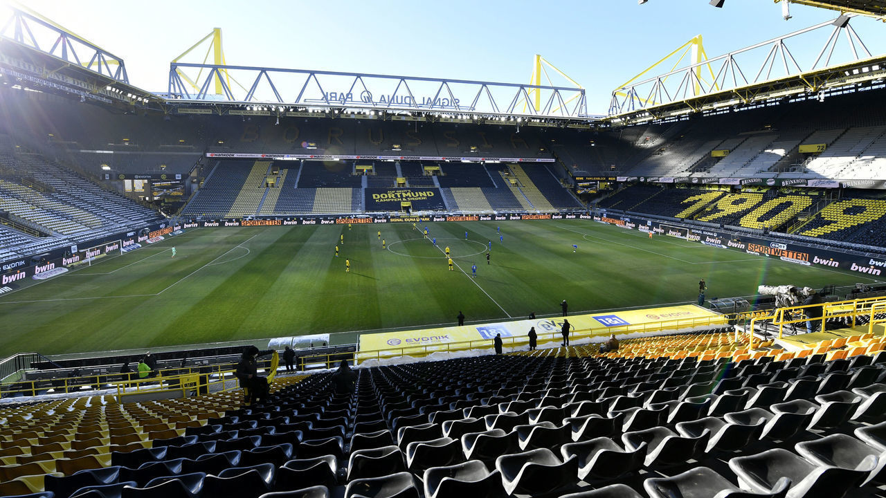 DORTMUND, GERMANY - FEBRUARY 13: A general view inside the stadium during the Bundesliga match between Borussia Dortmund and TSG Hoffenheim at Signal Iduna Park on February 13, 2021 in Dortmund, Germany. Sporting stadiums around Germany remain under strict restrictions due to the Coronavirus Pandemic as Government social distancing laws prohibit fans inside venues resulting in games being played behind closed doors.