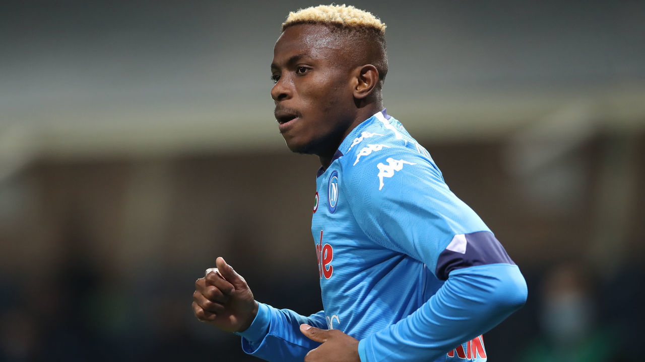 BERGAMO, ITALY - FEBRUARY 21: Victor Osimhen of SSC Napoli during the Serie A match between Atalanta BC and SSC Napoli at Gewiss Stadium on February 21, 2021 in Bergamo, Italy.