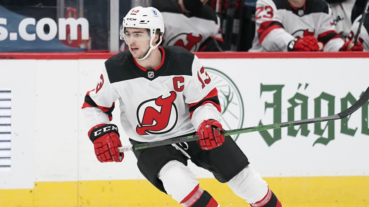 WASHINGTON, DC - FEBRUARY 21: Nico Hischier #13 of the New Jersey Devils skates against the Washington Capitals in the second period at Capital One Arena on February 21, 2021 in Washington, DC.