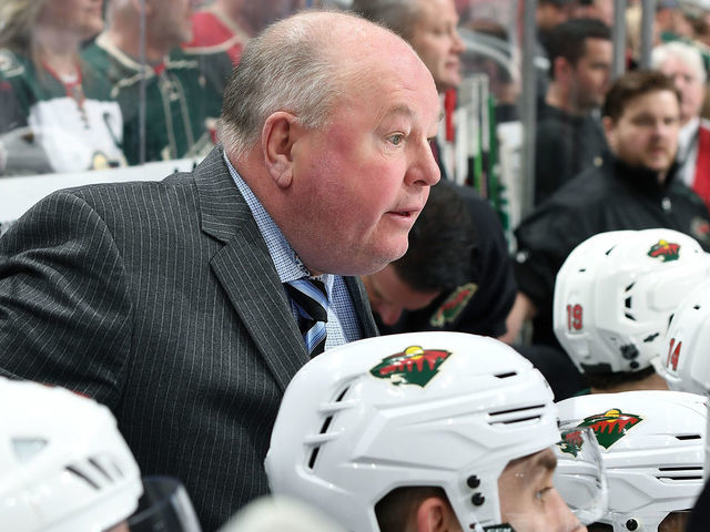 GLENDALE, AZ - MARCH 31: Head coach Bruce Boudreau of the Minnesota Wild looks on from the bench during first period action against the Arizona Coyotes at Gila River Arena on March 31, 2019 in Glendale, Arizona.