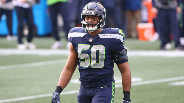 SEATTLE, WASHINGTON - JANUARY 09: K.J. Wright #50 of the Seattle Seahawks looks on in the first quarter against the Los Angeles Rams during the NFC Wild Card Playoff game at Lumen Field on January 09, 2021 in Seattle, Washington.