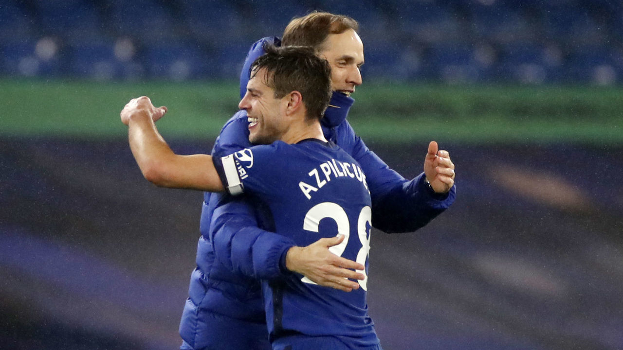 Chelsea manager Thomas Tuchel with Cesar Azpilicueta after the Premier League match at Stamford Bridge, London. Picture date: Monday February 15, 2021.