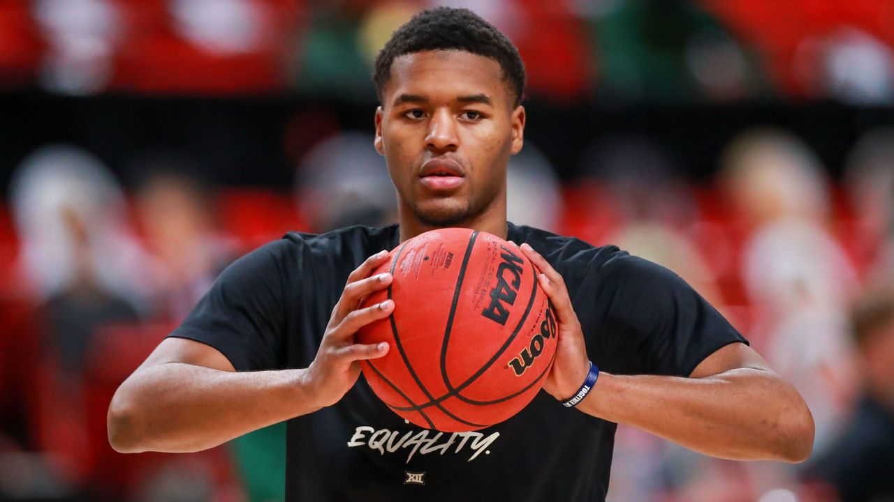 LUBBOCK, TEXAS - JANUARY 16: Guard Jared Butler of the Baylor Bears handles the ball before the college basketball game against the Texas Tech Red Raiders at United Supermarkets Arena on January 16, 2021 in Lubbock, Texas.