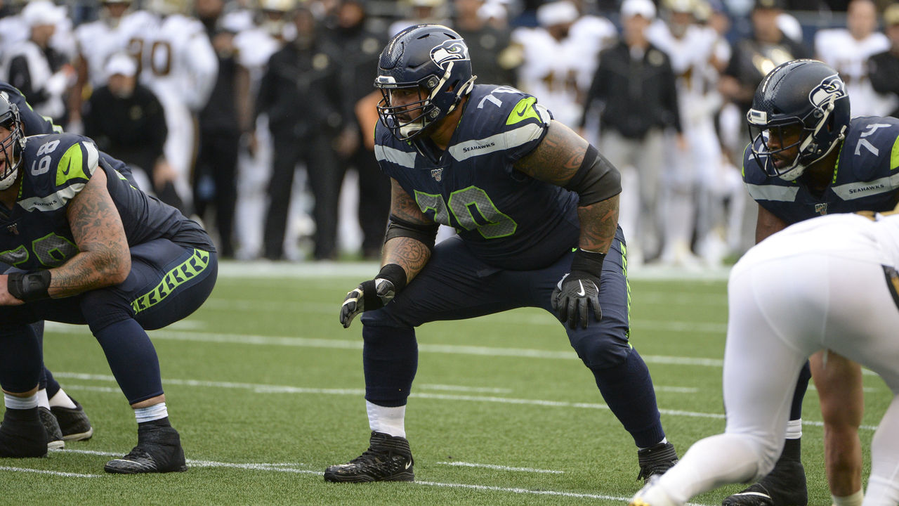 SEATTLE, WA - SEPTEMBER 22: Seattle Seahawks offensive guard Mike Iupati (70) waits for the snap from never during an NFL football game between the New Orleans Saints and the Seattle Seahawks on September 22, 2019 at Century Link Stadium in Seattle, WA