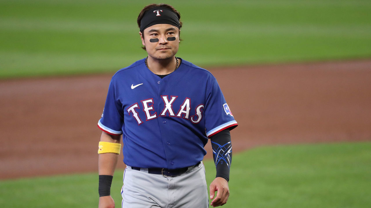 SEATTLE, WASHINGTON - SEPTEMBER 06: Shin-Soo Choo #17 of the Texas Rangers looks on between innings against the Seattle Mariners at T-Mobile Park on September 06, 2020 in Seattle, Washington.