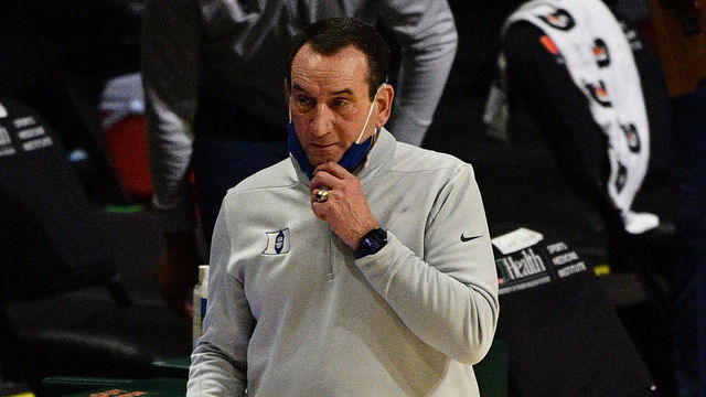 MIAMI, FLORIDA - FEBRUARY 01: Head Coach Mike Krzyzewski of the Duke Blue Devils coaching from a socially distant bench against the Miami Hurricanes during the first half at Watsco Center on February 01, 2021 in Miami, Florida.