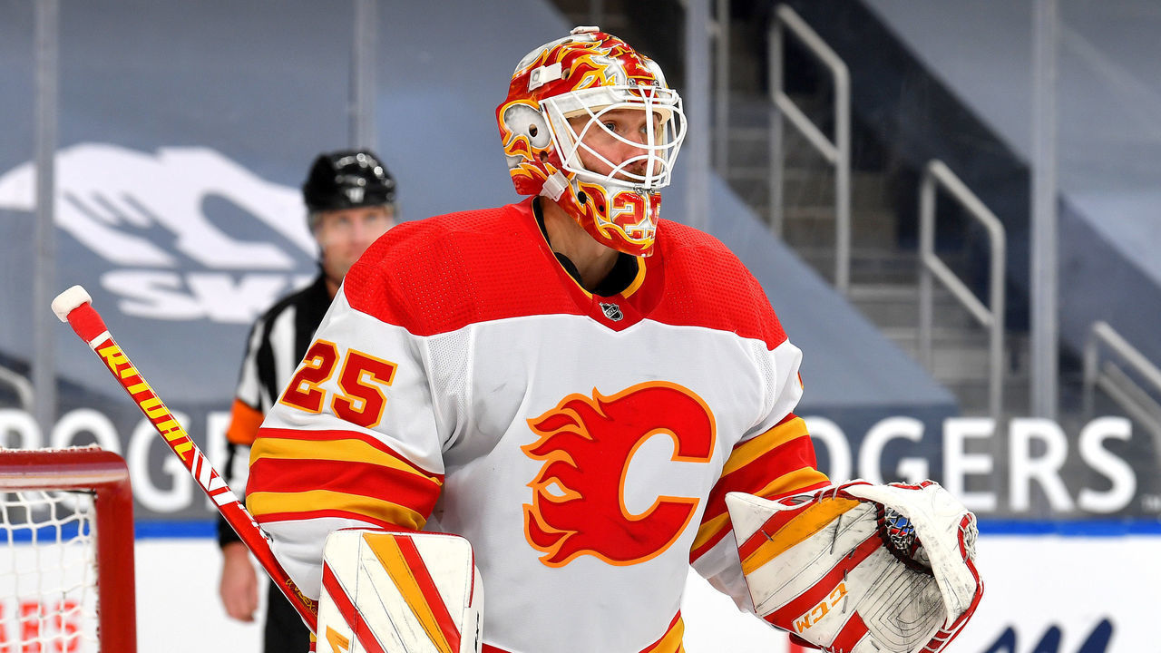 EDMONTON, AB - FEBRUARY 20: Jacob Markstrom #25 of the Calgary Flames looks on during the game against the Edmonton Oilers on February 20, 2021 at Rogers Place in Edmonton, Alberta, Canada.
