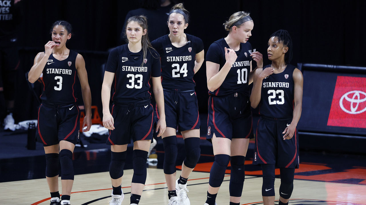CORVALLIS, OREGON - FEBRUARY 13: (L-R) Anna Wilson #3, Hannah Jump #33, Lacie Hull #24, Alyssa Jerome #10. Kiana Williams #23 of the Stanford Cardinal walk back to the court after a timeout during the first half against the Oregon State Beavers at Gill Coliseum on February 13, 2021 in Corvallis, Oregon.