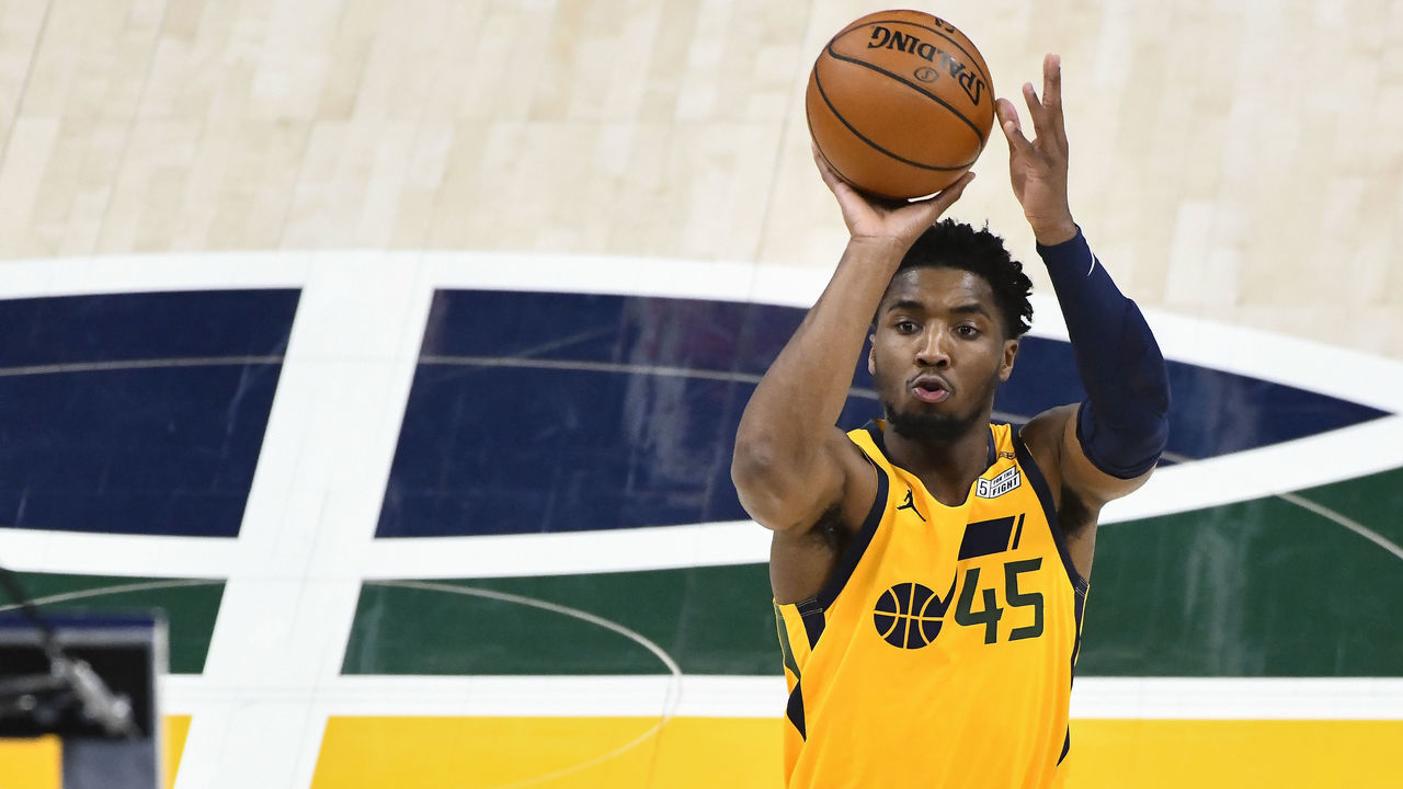 SALT LAKE CITY, UTAH - FEBRUARY 22: Donovan Mitchell #45 of the Utah Jazz takes a shot during a game against the Charlotte Hornets at Vivint Smart Home Arena on February 22, 2021 in Salt Lake City, Utah. NOTE TO USER: User expressly acknowledges and agrees that, by downloading and/or using this photograph, user is consenting to the terms and conditions of the Getty Images License Agreement.