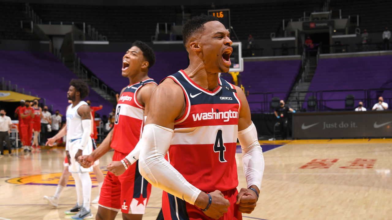 LOS ANGELES, CA - FEBRUARY 22: Russell Westbrook #4 of the Washington Wizards and Rui Hachimura #8 of the Washington Wizards celebrates during the game against the Los Angeles Lakers on February 22, 2021 at STAPLES Center in Los Angeles, California. NOTE TO USER: User expressly acknowledges and agrees that, by downloading and/or using this Photograph, user is consenting to the terms and conditions of the Getty Images License Agreement. Mandatory Copyright Notice: Copyright 2021 NBAE