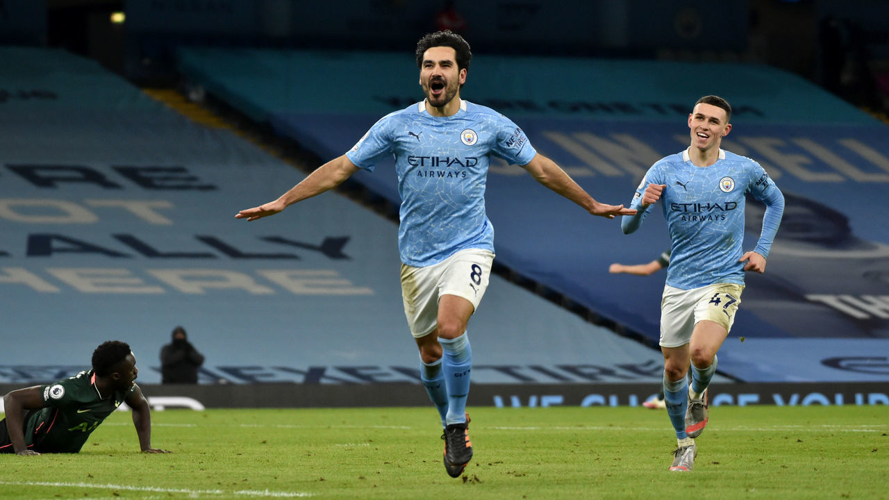 Manchester City's Ilkay Gundogan celebrates scoring their third goal of the game during the Premier League match at the Etihad Stadium, Manchester. Picture date: Saturday February 13, 2021.