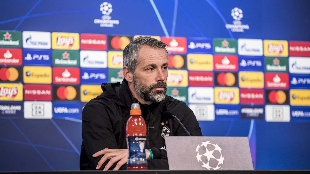 MOENCHENGLADBACH, GERMANY - FEBRUARY 23: Head Coach Marco Rose talks to the media during a press conference of Borussia Moenchengladbach ahead the UEFA Champions League Round Of 16 Leg One match at Borussia-Park on February 23, 2021 in Moenchengladbach, Germany.