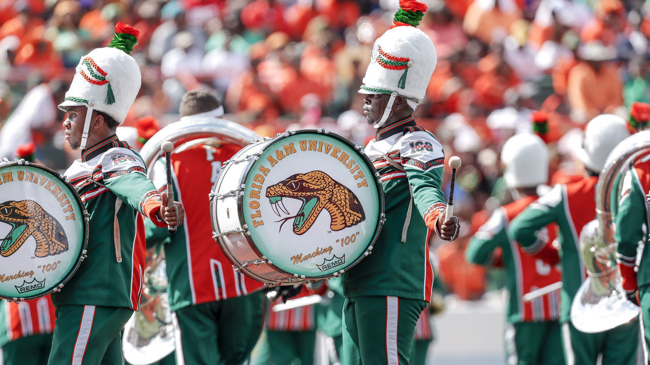TALLAHASSEE, FL - OCTOBER 05: Members of the Florida A&M University Marching band, "The Marching 100" performs during half time of the game against the North Carolina Central Eagles at Bragg Memorial Stadium Stadium on October 5, 2019 in Tallahassee, Florida. The Rattlers defeated the Eagles 28 to 21.