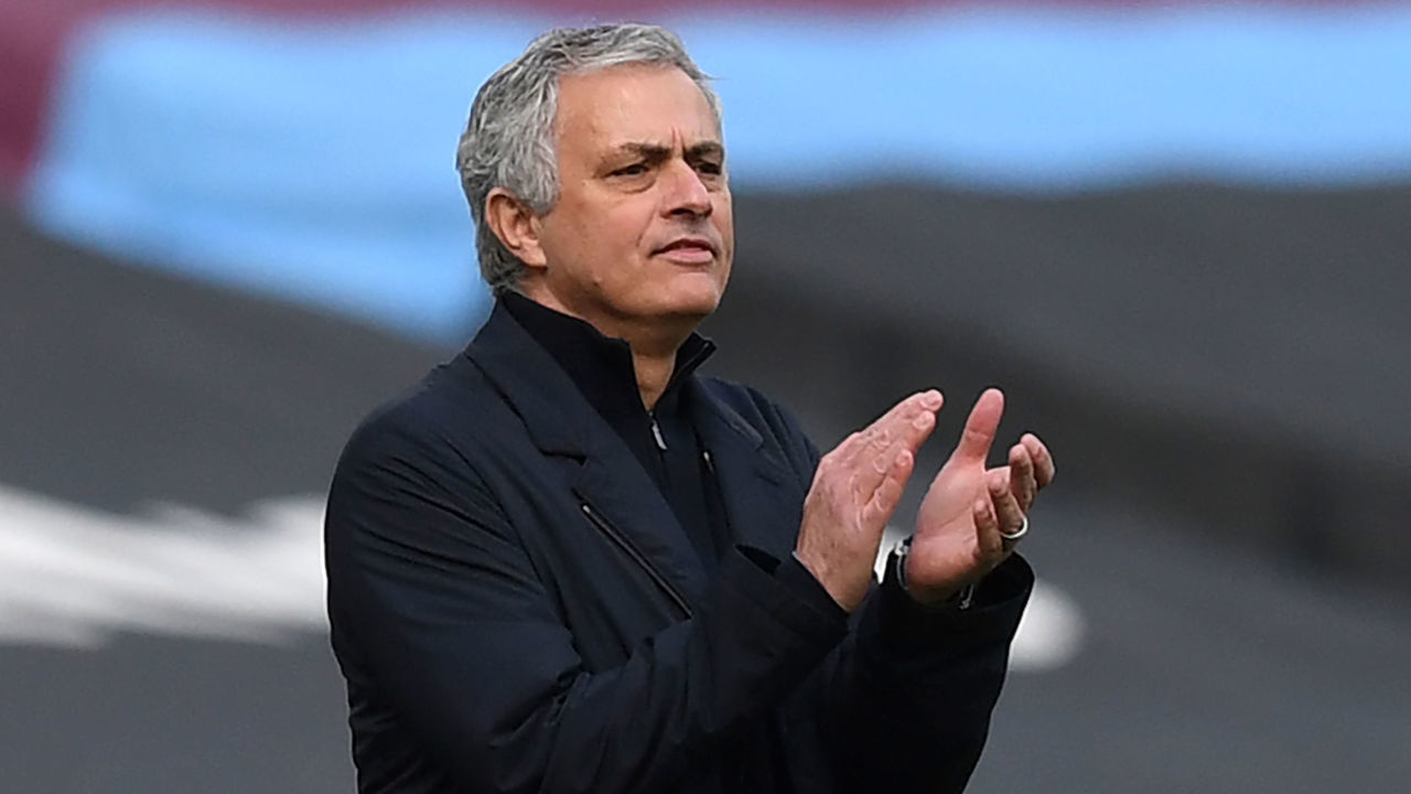 Tottenham Hotspur's Portuguese head coach Jose Mourinho gestures on the touchline during the English Premier League football match between West Ham United and Tottenham Hotspur at The London Stadium, in east London on February 21, 2021.