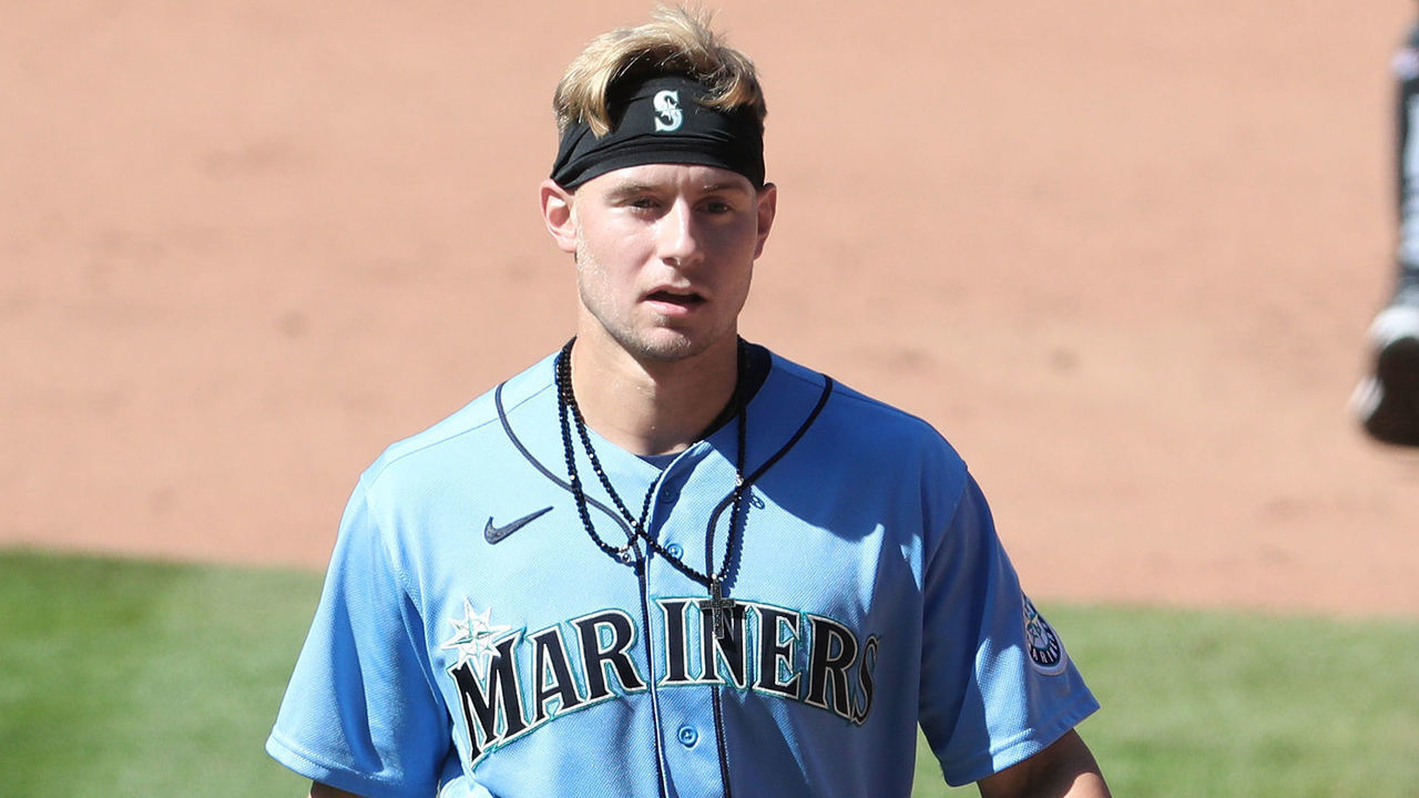 SEATTLE, WASHINGTON - JULY 14: Jarred Kelenic #58 of the Seattle Mariners looks on after the end of the fourth inning during an intrasquad game during summer workouts at T-Mobile Park on July 14, 2020 in Seattle, Washington.