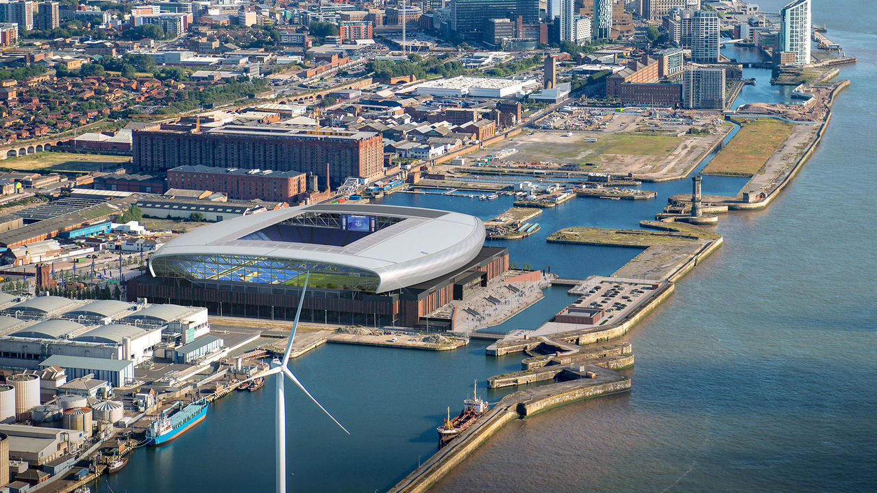 LIVERPOOL, ENGLAND - FEBRUARY 23: An aerial artist's illustration of the proposed new Everton Football Club stadium at Bramley Moore Dock on February 23, 2021 in Liverpool, England.