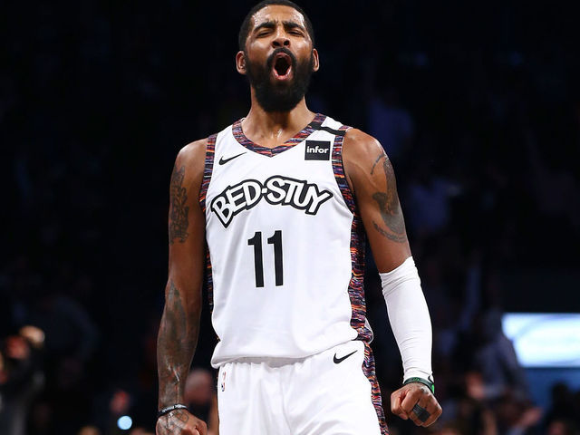 NEW YORK, NEW YORK - JANUARY 31: Kyrie Irving #11 of the Brooklyn Nets celebrates after hitting a basket against the Chicago Bulls at Barclays Center on January 31, 2020 in New York City.