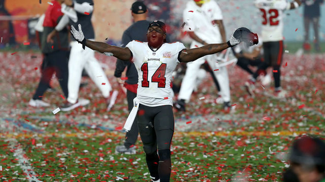 TAMPA, FL - FEBRUARY 07: Chris Godwin (14) of the Buccaneers enjoys the post-game celebration after the Super Bowl LV game between the Kansas City Chiefs and the Tampa Bay Buccaneers on February 7, 2021 at Raymond James Stadium, in Tampa, FL.