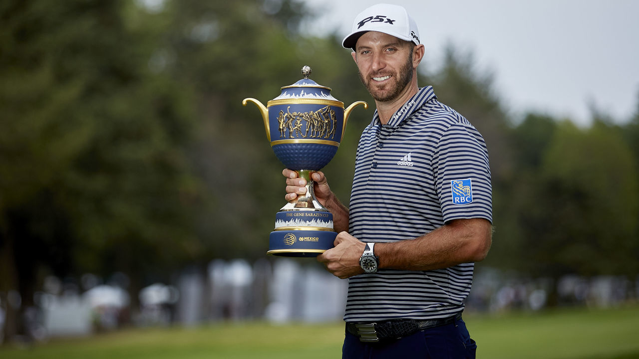 MEXICO CITY, MEXICO - FEBRUARY 24: Dustin Johnson of the United States poses with the Gene Sarazen Cup after winning during the final round of World Golf Championships-Mexico Championship at Club de Golf Chapultepec on February 24, 2019 in Mexico City, Mexico.