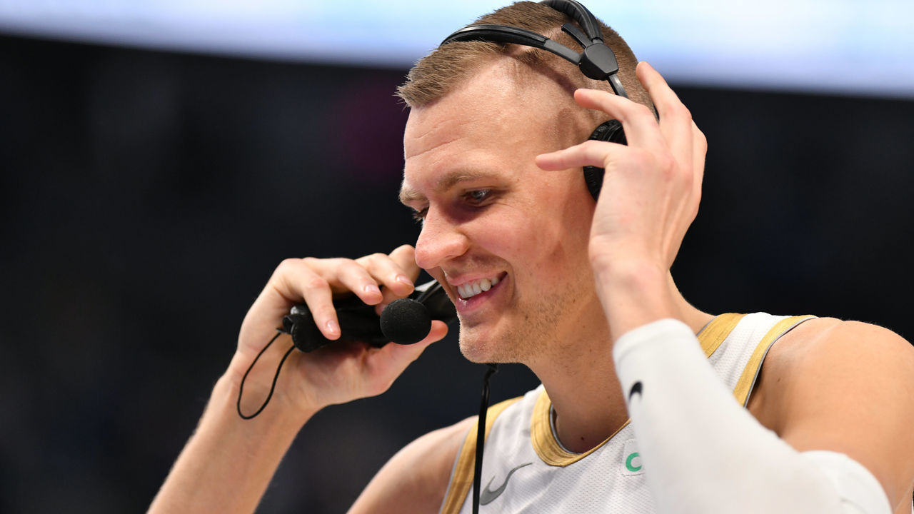 DALLAS, TX - FEBRUARY 12: Kristaps Porzingis #6 of the Dallas Mavericks is interviewed after the game against the New Orleans Pelicans on February 12, 2021 at the American Airlines Center in Dallas, Texas. Mandatory Copyright Notice: Copyright 2021 NBAE