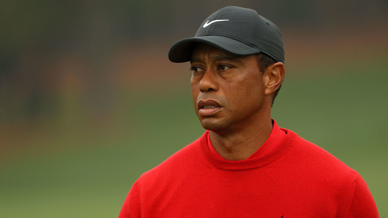 AUGUSTA, GEORGIA - NOVEMBER 15: Tiger Woods of the United States looks on after a shot on the second hole during the final round of the Masters at Augusta National Golf Club on November 15, 2020 in Augusta, Georgia.