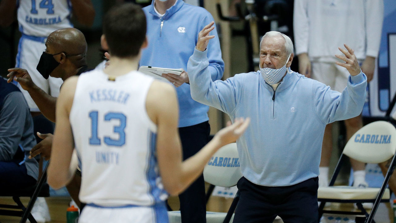 CHAPEL HILL, NORTH CAROLINA - JANUARY 20: Head coach Roy Williams of the North Carolina Tar Heels reacts to a turnover during the first half of their game against the Wake Forest Demon Deacons at the Dean Smith Center on January 20, 2021 in Chapel Hill, North Carolina.