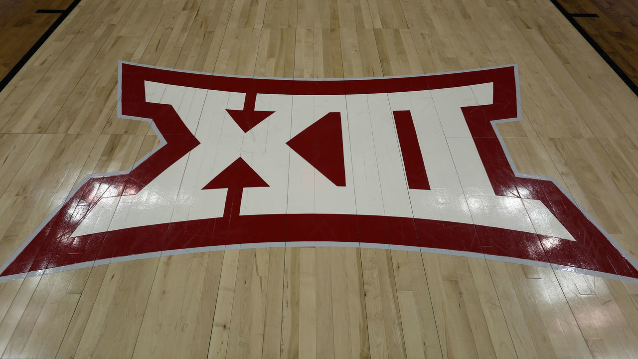 KANSAS CITY, MO - MARCH 14: A view of the Big 12 logo on the court before a quarterfinal Big 12 tournament game between the Iowa State Cyclones and Baylor Bears on March 14, 2019 at Sprint Center in Kansas City, MO.