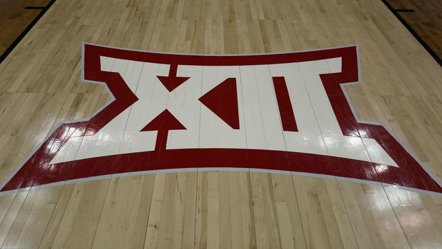 KANSAS CITY, MO - MARCH 14: A view of the Big 12 logo on the court before a quarterfinal Big 12 tournament game between the Iowa State Cyclones and Baylor Bears on March 14, 2019 at Sprint Center in Kansas City, MO.
