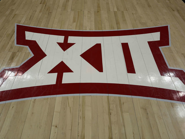 KANSAS CITY, MO - MARCH 14: A view of the Big 12 logo on the court before a quarterfinal Big 12 tournament game between the Iowa State Cyclones and Baylor Bears on March 14, 2019 at Sprint Center in Kansas City, MO.