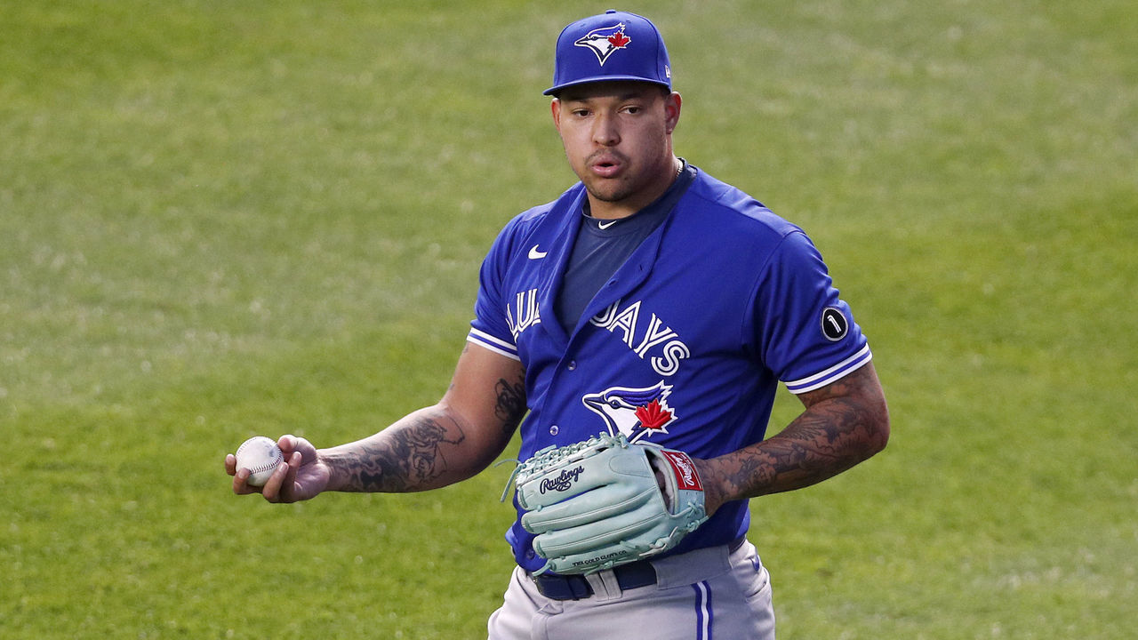 NEW YORK, NEW YORK - SEPTEMBER 15: (NEW YORK DALIES OUT) Taijuan Walker #00 of the Toronto Blue Jays warms up before a game against the New York Yankees at Yankee Stadium on September 15, 2020 in New York City. The Yankees defeated the Blue Jays 20-6.
