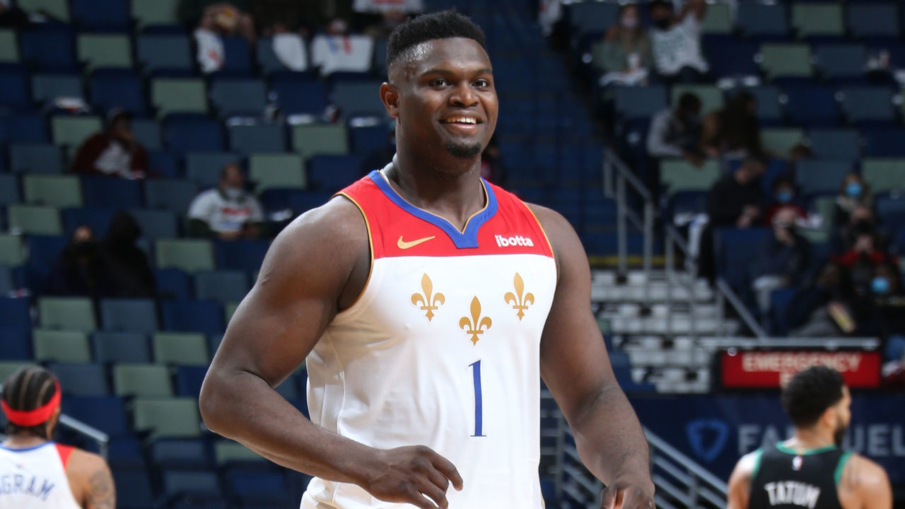 NEW ORLEANS, LA - FEBRUARY 21: Zion Williamson #1 of the New Orleans Pelicans smiles during the game against the Boston Celtics on February 21, 2021 at the Smoothie King Center in New Orleans, Louisiana. Mandatory Copyright Notice: Copyright 2021 NBAE