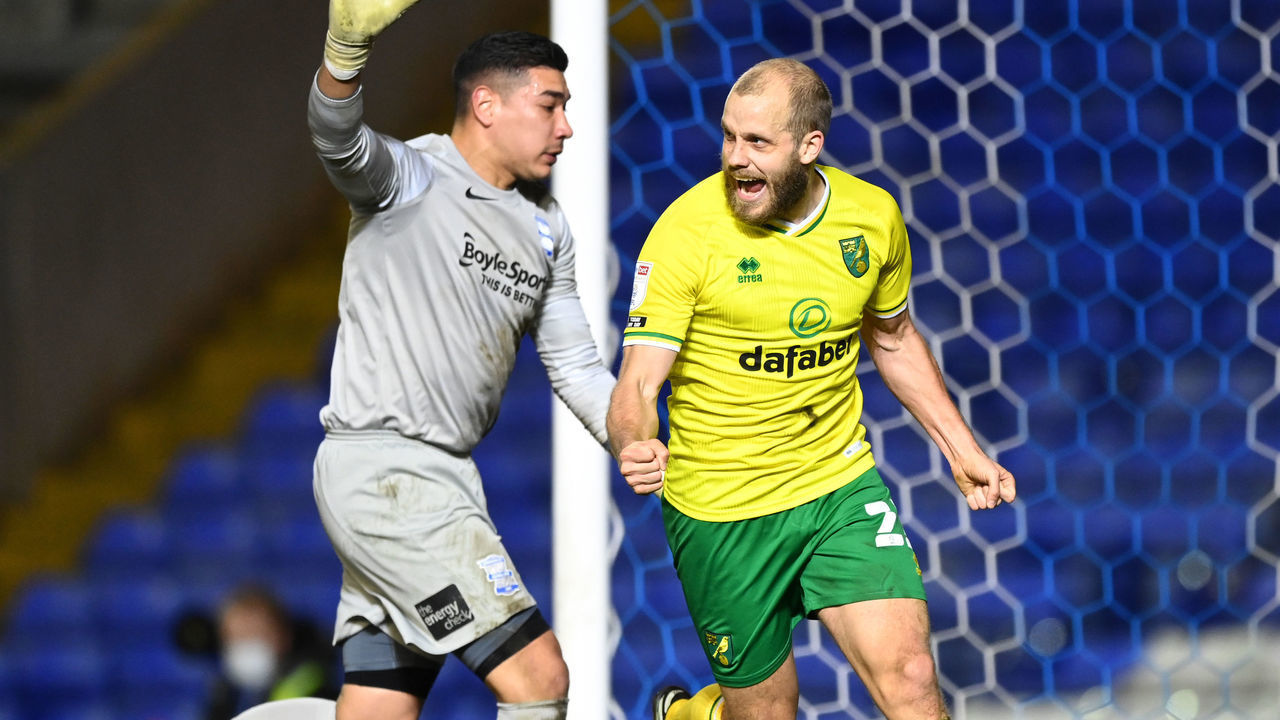 BIRMINGHAM, ENGLAND - FEBRUARY 23: Teemu Pukki of Norwich City celebrates after scoring their side's second goal during the Sky Bet Championship match between Birmingham City and Norwich City at St Andrew's Trillion Trophy Stadium on February 23, 2021 in Birmingham, England. Sporting stadiums around the UK remain under strict restrictions due to the Coronavirus Pandemic as Government social distancing laws prohibit fans inside venues resulting in games being played behind closed doors.