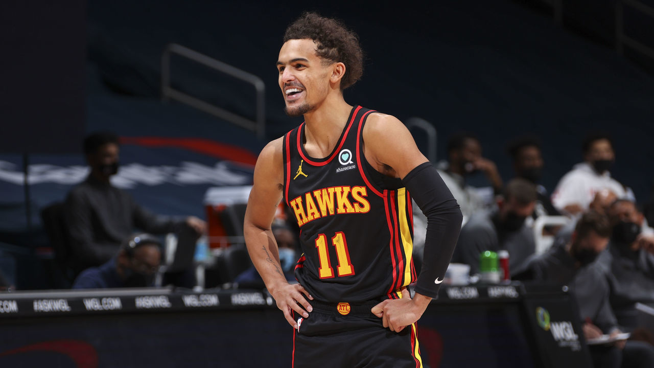 WASHINGTON, DC - JANUARY 29: Trae Young #11 of the Atlanta Hawks smiles during the game against the Washington Wizards on January 29, 2021 at Capital One Arena in Washington, DC. Mandatory Copyright Notice: Copyright 2021 NBAE