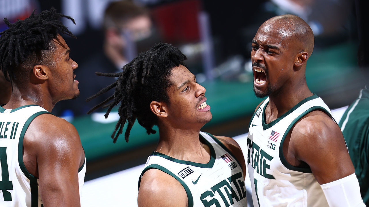 EAST LANSING, MICHIGAN - FEBRUARY 23: Joshua Langford #1 of the Michigan State Spartans celebrates his made basket with teammate A.J. Hoggard #11 of the Michigan State Spartans in the first half of the game against the Illinois Fighting Illini at Breslin Center on February 23, 2021 in East Lansing, Michigan.