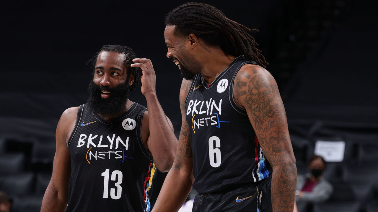BROOKLYN, NY - FEBRUARY 23: James Harden #13 talks with DeAndre Jordan #6 of the Brooklyn Nets during the game against the Sacramento Kings on February 23, 2021 at Barclays Center in Brooklyn, New York. Mandatory Copyright Notice: Copyright 2021 NBAE