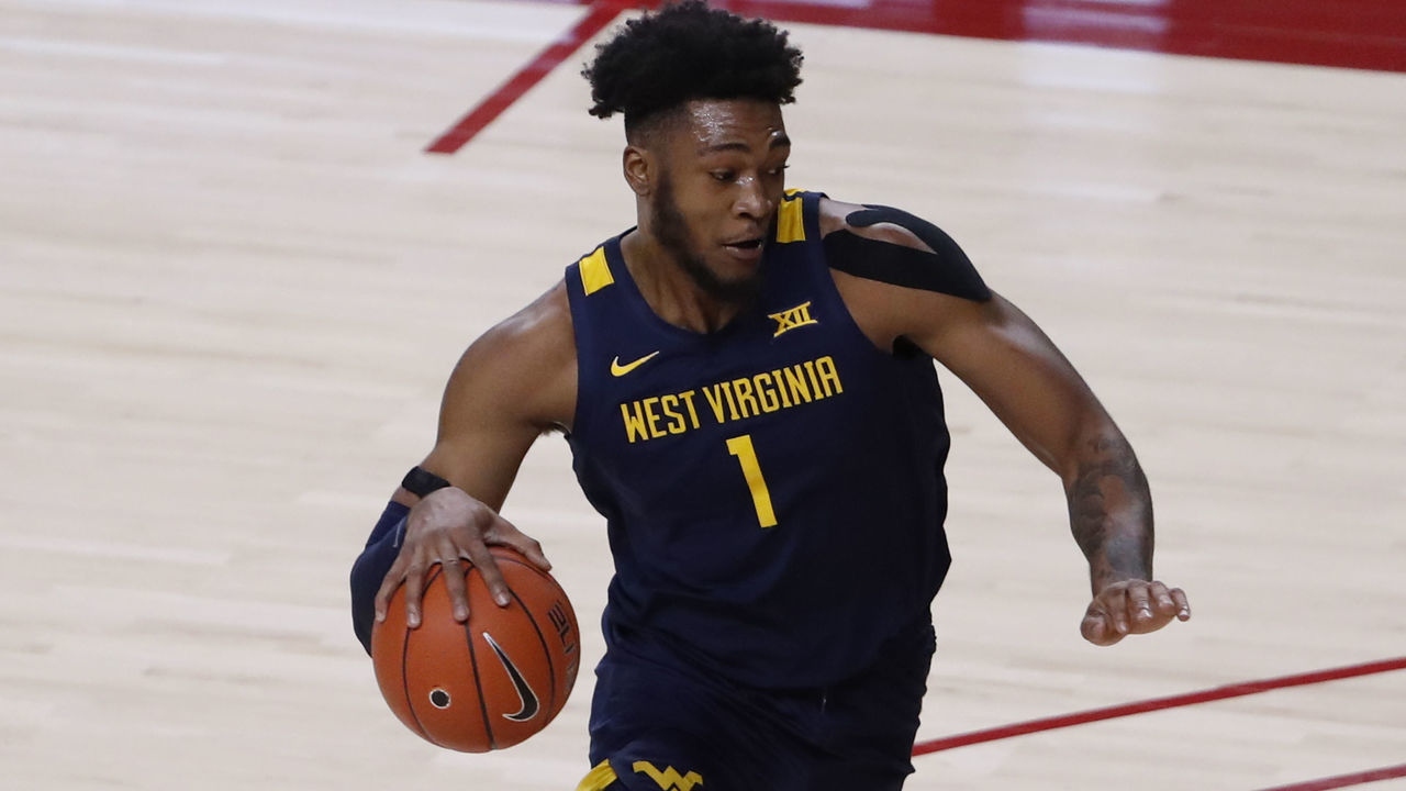 AMES, IA - FEBRUARY 2: Derek Culver #1 of the West Virginia Mountaineers drives then ball in the first half of play at Hilton Coliseum on February 2, 2021 in Ames, Iowa. The West Virginia Mountaineers won 76-72 over the Iowa State Cyclones.