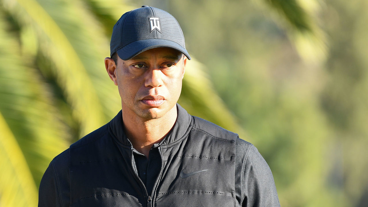 PACIFIC PALISADES, CA - FEBRUARY 21: Tiger Woods looks on from the 18th hole during the final round of The Genesis Invitational golf tournament at the Riviera Country Club in Pacific Palisades, CA on February 21, 2021. The tournament was played without fans due to the COVID-19 pandemic.