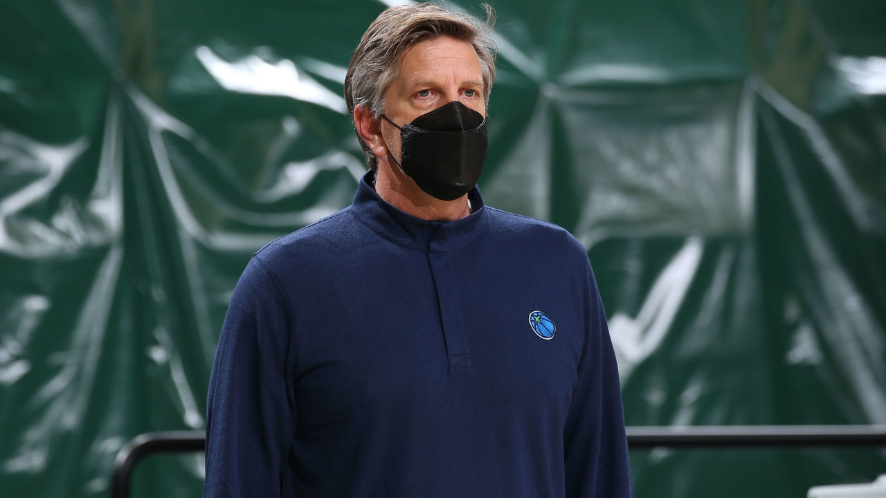 MILWAUKEE, WI - FEBRUARY 23: Head Coach Chris Finch of the Minnesota Timberwolves looks on during the game against the Milwaukee Bucks on February 23, 2021 at the Fiserv Forum Center in Milwaukee, Wisconsin. Mandatory Copyright Notice: Copyright 2021 NBAE .