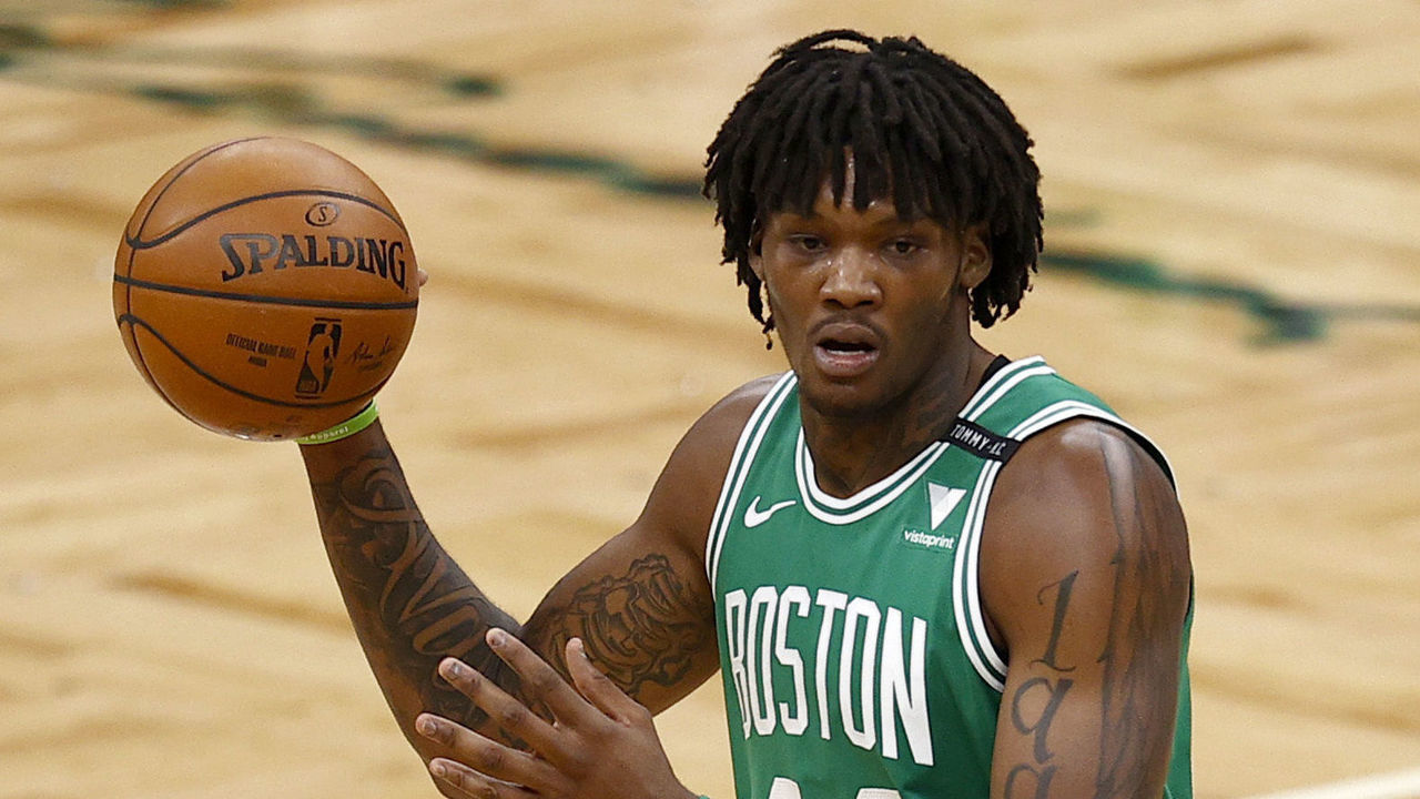 BOSTON, MASSACHUSETTS - FEBRUARY 17: Robert Williams III #44 of the Boston Celtics looks to pass against the Denver Nuggets during the second half at TD Garden on February 17, 2021 in Boston, Massachusetts.