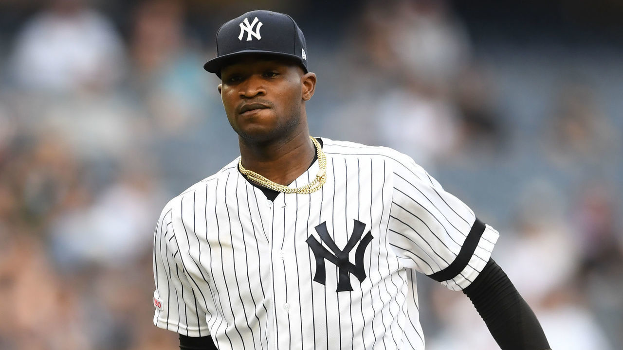 NEW YORK, NEW YORK - JULY 18: Domingo German #55 of the New York Yankees reacts after striking out a better during the fifth inning of game one of a doubleheader against the Tampa Bay Rays at Yankee Stadium on July 18, 2019 in the Bronx borough of New York City.