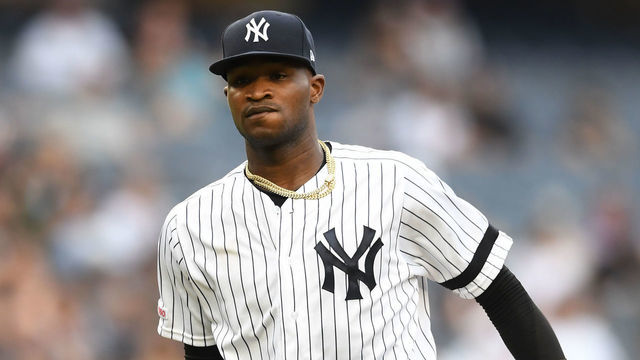 NEW YORK, NEW YORK - JULY 18: Domingo German #55 of the New York Yankees reacts after striking out a better during the fifth inning of game one of a doubleheader against the Tampa Bay Rays at Yankee Stadium on July 18, 2019 in the Bronx borough of New York City.