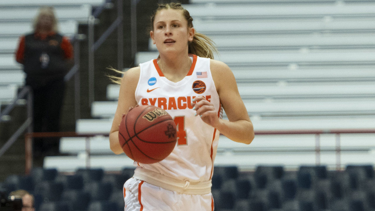 SYRACUSE, NY - MARCH 25: Syracuse Orange Guard Tiana Mangakahia (4) dribbles the ball up the court during the second half of the game between the South Dakota State Jackrabbits and the Syracuse Orange on March 25,2019, at the Carrier Dome in Syracuse, NY.
