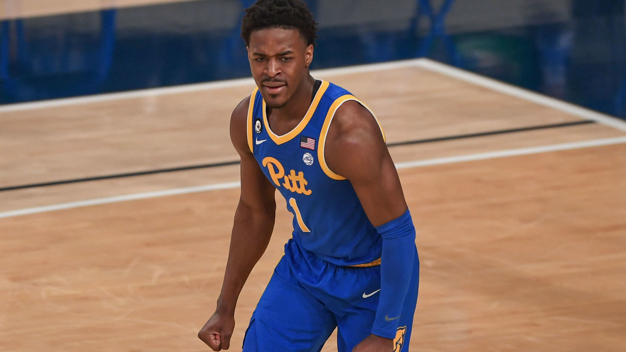 ATLANTA, GA FEBRUARY 14: Pittsburgh guard Xavier Johnson (1) reacts after scoring a basket during the NCAA basketball game between the Pittsburgh Panthers and the Georgia Tech Yellow Jackets on February 14th, 2021 at Hank McCamish Pavilion in Atlanta, GA.