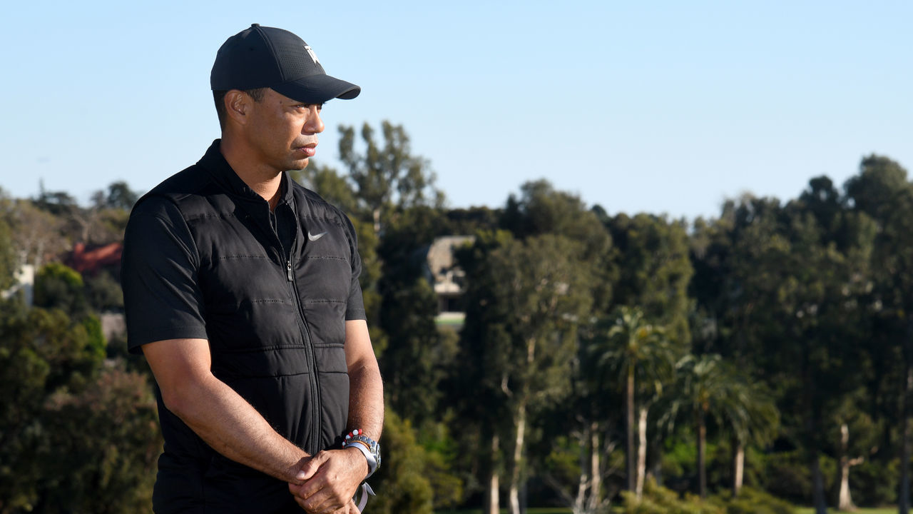 PACIFIC PALISADES, CALIFORNIA - FEBRUARY 21: Tiger Woods on hand at the trophy presentation ceremony after the final round of the Genesis Invitational at Riviera Country Club on February 21, 2021 in Pacific Palisades, California.