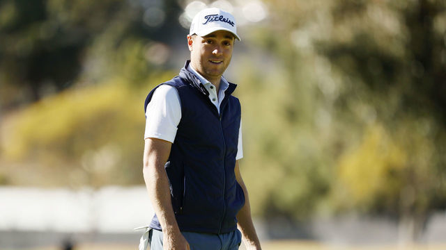 PACIFIC PALISADES, CALIFORNIA - FEBRUARY 18: Justin Thomas of the United States reacts on the 11th green during the first round of The Genesis Invitational at Riviera Country Club on February 18, 2021 in Pacific Palisades, California.