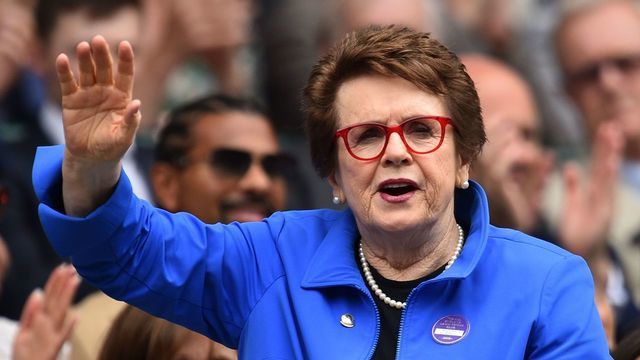 US former tennis player Billie Jean King waves as she is presented in the Royal Box on Centre Court at The All England Tennis Club in Wimbledon, southwest London, on July 6, 2019, on the sixth day of the 2019 Wimbledon Championships tennis tournament.