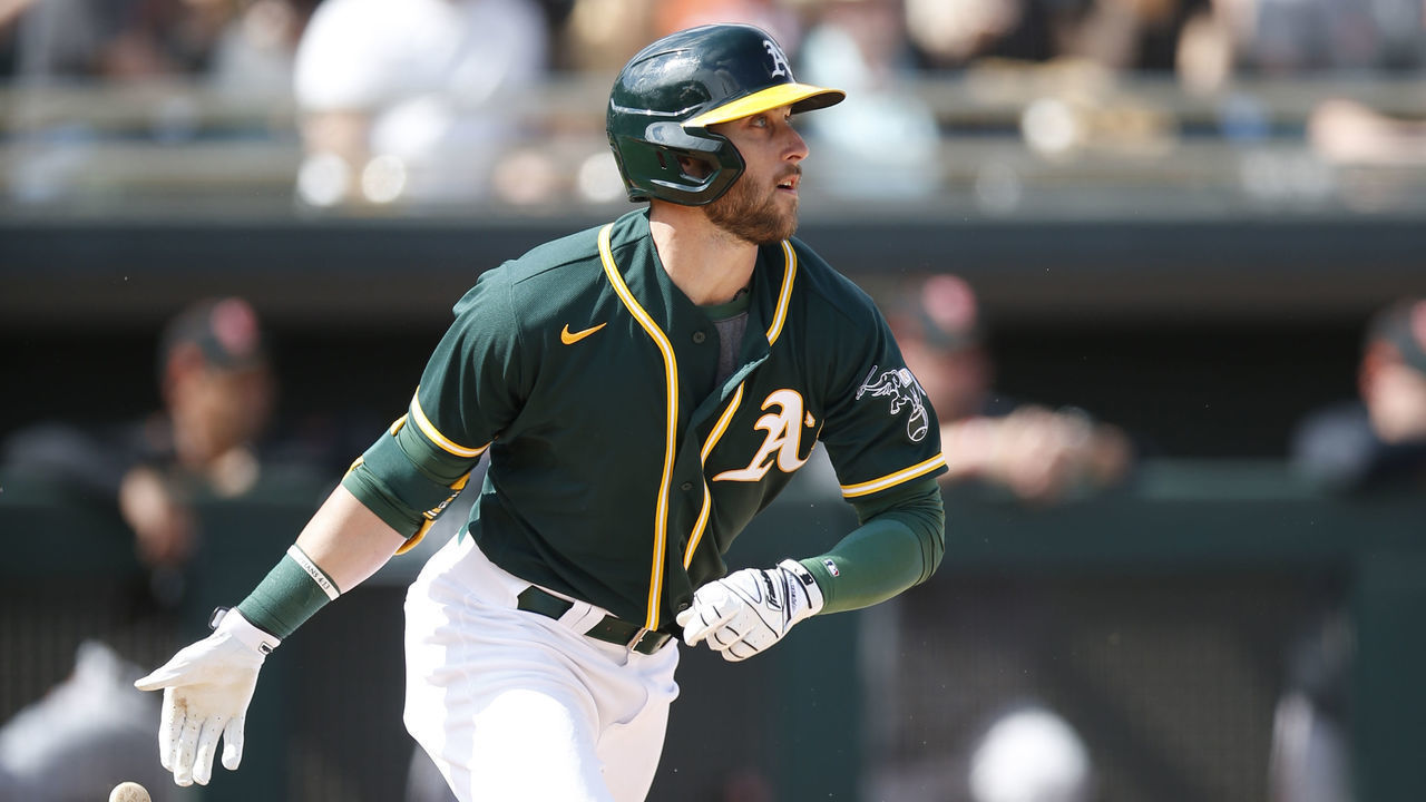 MESA, AZ - February 23: Dustin Fowler #11 of the Oakland Athletics bats during the game against the San Francisco Giants at Hohokam Stadium on February 23, 2020 in Mesa, Arizona.