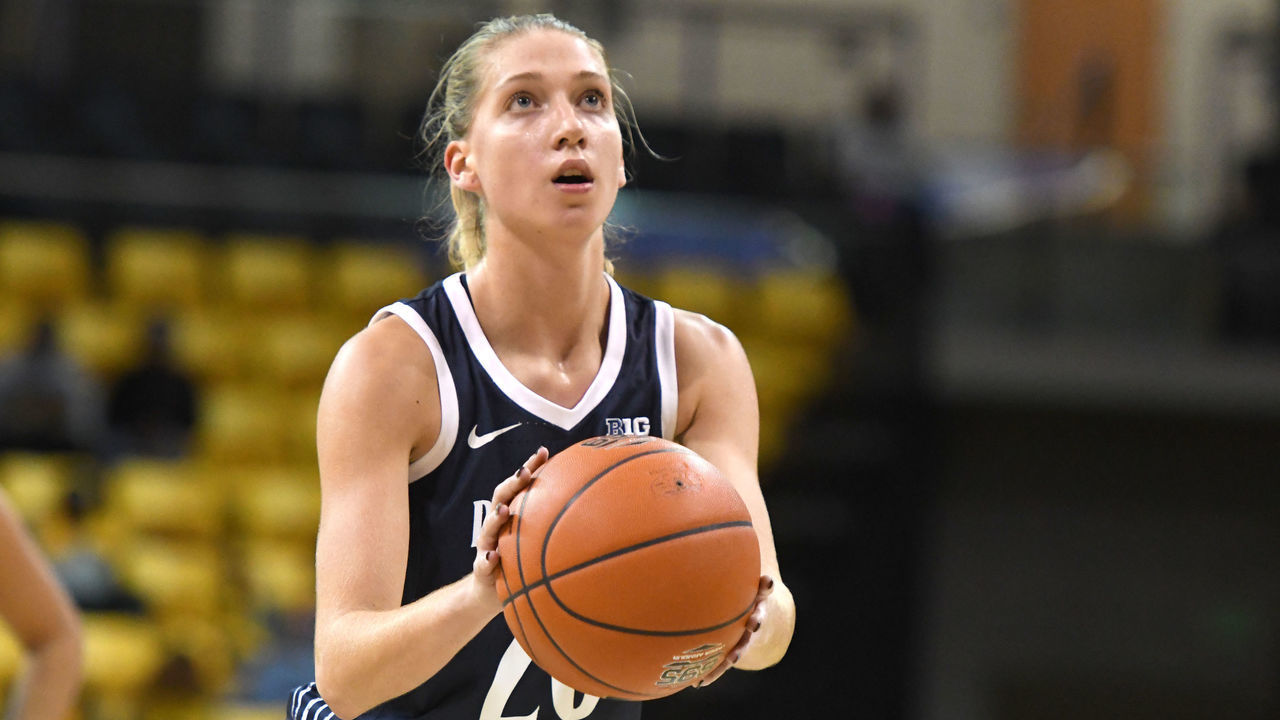 TOWSON, MD - NOVEMBER 05: Makenna Marisa #20 of the Penn State Nittany Lions takes a foul shot during a women's basketball game against the Towson Tigers at SECU Arena on November 5, 2019 in Towson, Maryland.