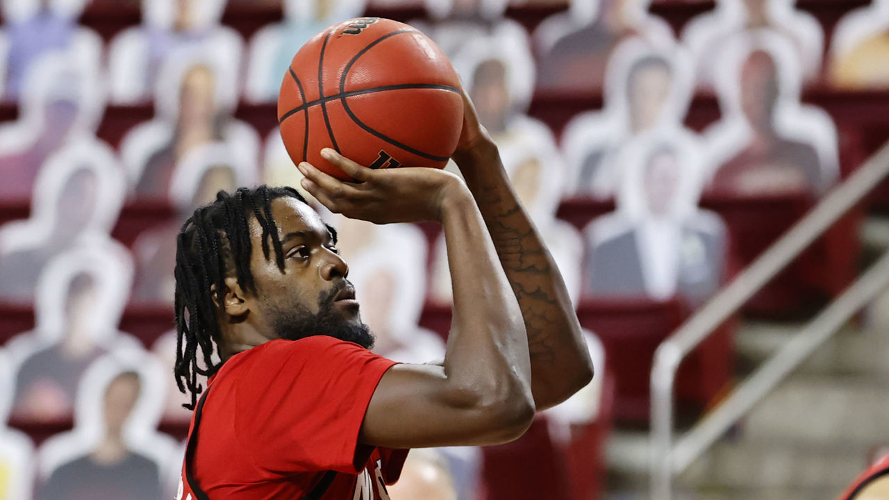CHESTNUT HILL, MA - FEBRUARY 06: NC State Wolfpack forward D.J. Funderburk (0) at the line during a game between the Boston College Eagles and the NC State Wolfpack on February 6, 2021, at Conte Forum in Chestnut Hill, Massachusetts.